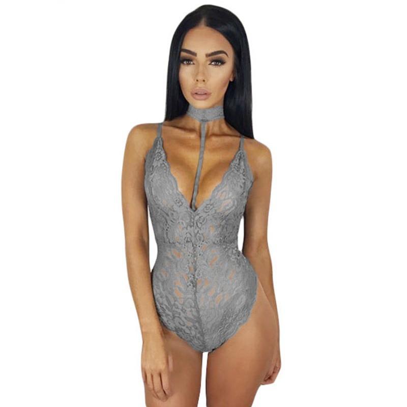 Lace Backless Deep V Neck Halter Bodysuits (Multi-Colors)
