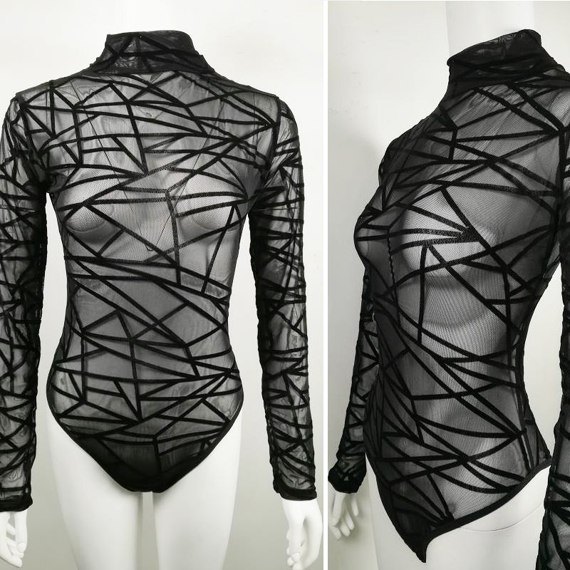 Black Sheer Long Sleeve Mesh Bodysuit