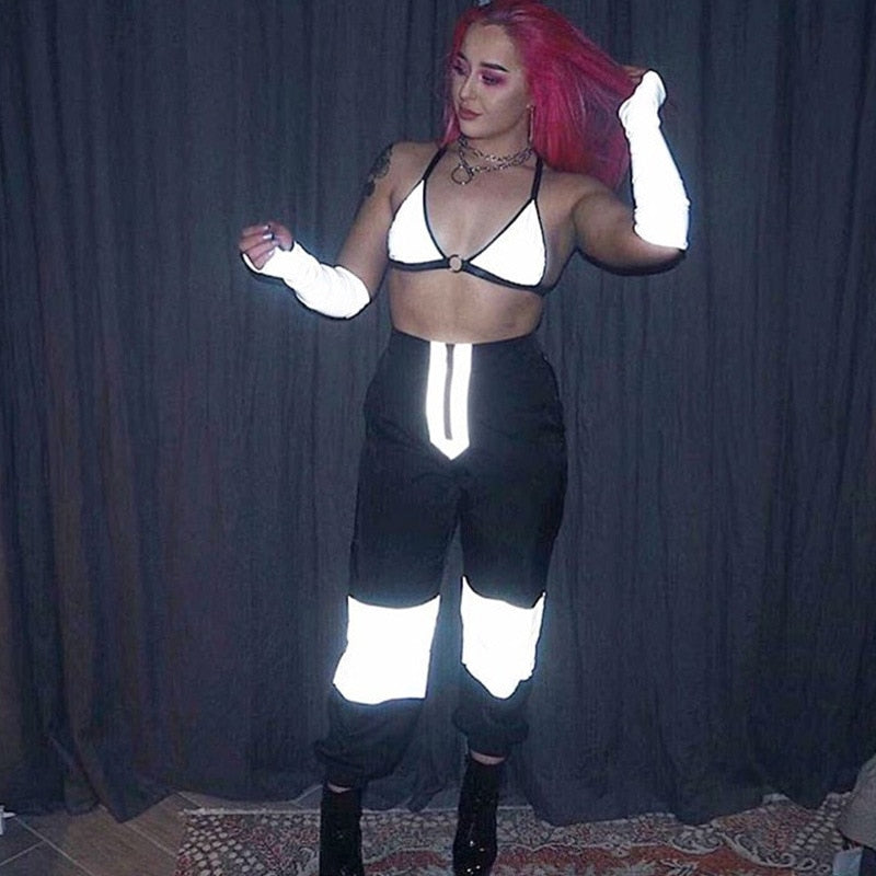 Reflective Fabric Black High Waist Long Loose Pants