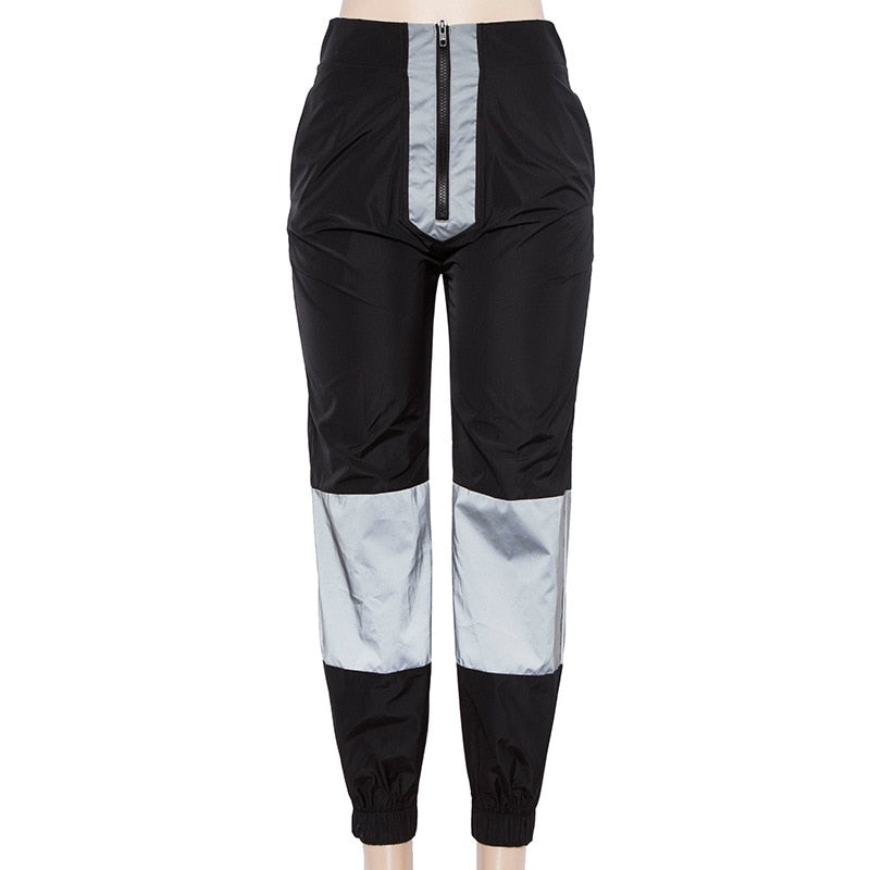 Reflective Fabric Black High Waist Long Loose Pants