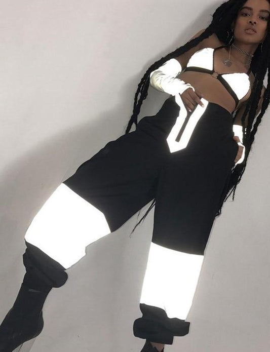 Reflective Fabric Black High Waist Long Loose Pants
