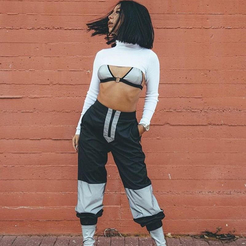 Reflective Fabric Black High Waist Long Loose Pants