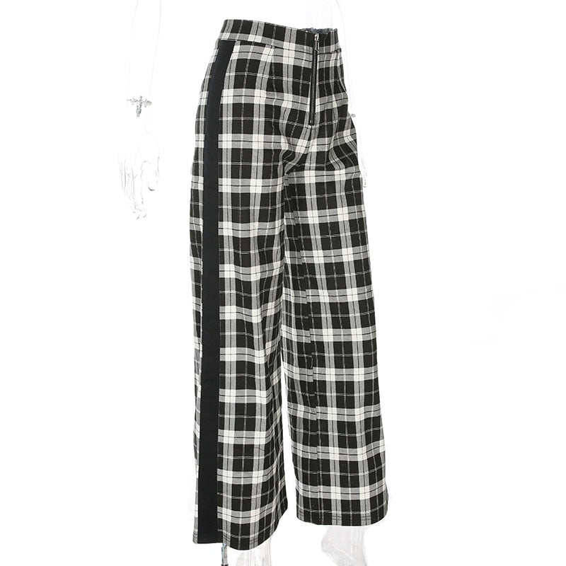 Plaid Side Stripe High Waist Wide Leg Pants