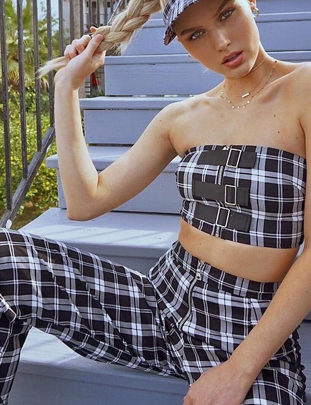 Plaid Side Stripe High Waist Wide Leg Pants