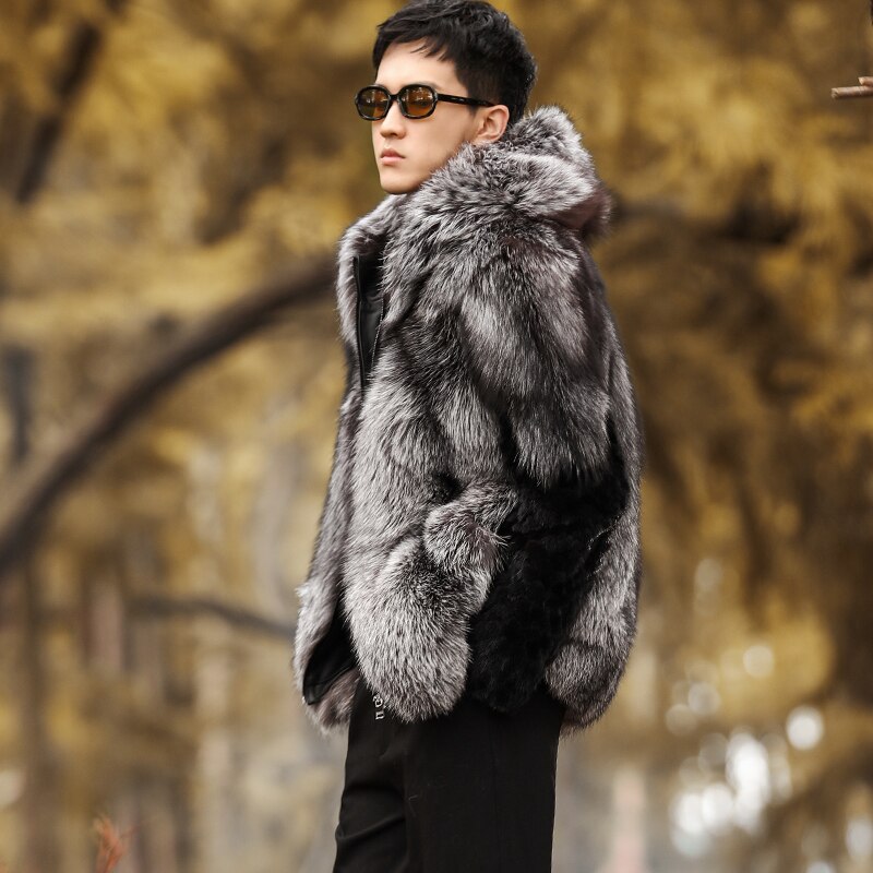 Real Fox Fur Hooded Coats Black Real Mink Fur Sleeves