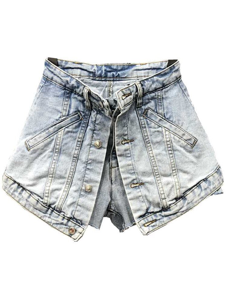 High Waist Open Button Skirt Denim Shorts