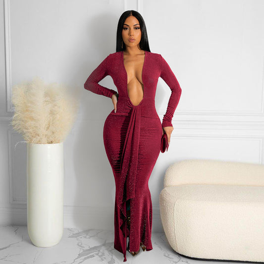 Flare Hem Deep V Long Sleeve Maxi Dresses