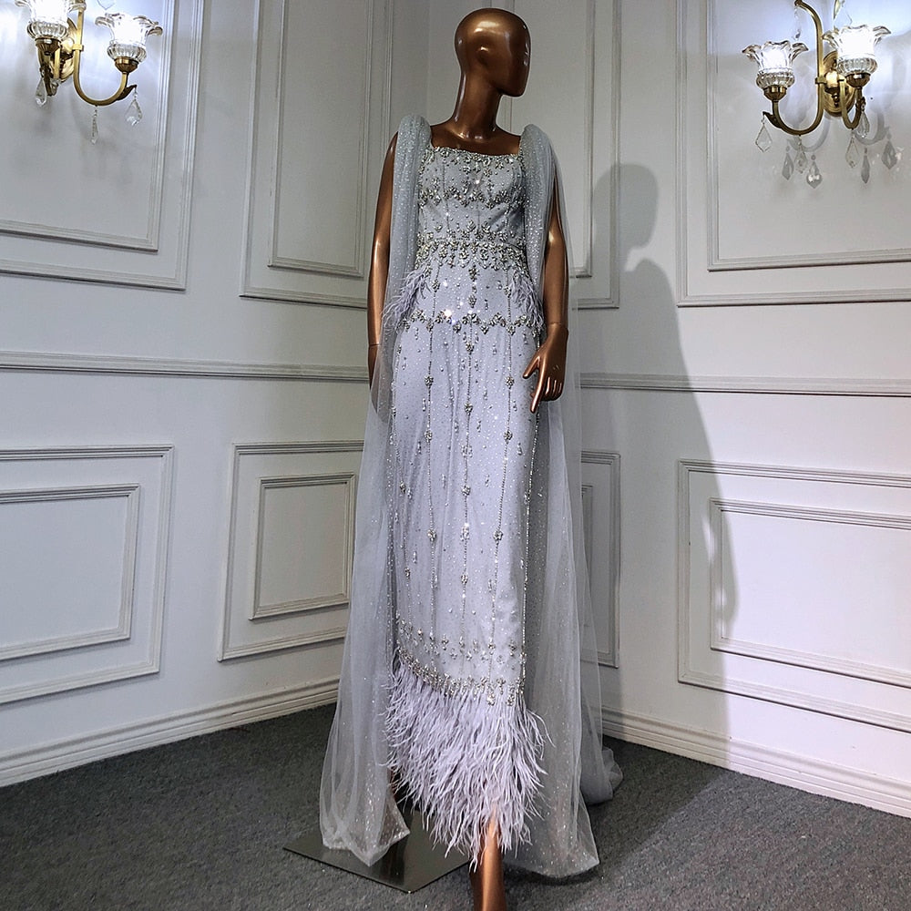 Crystal Feather Cape Sleeve Ankle Length Dresses