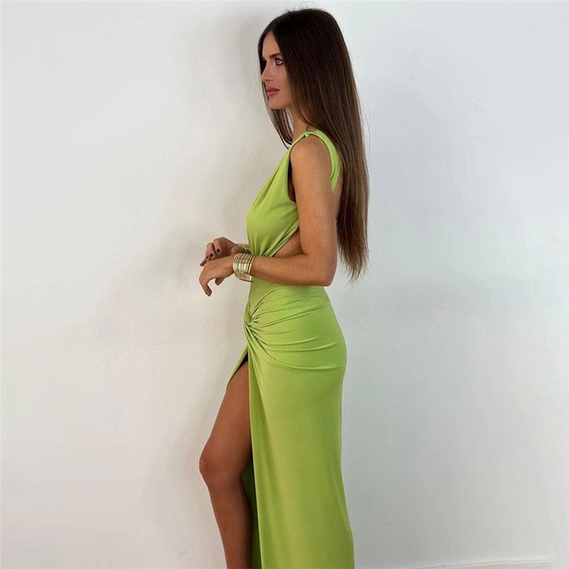 Deep V Ruched Backless High Slit Maxi Dresses