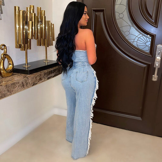 Full Ripped Legs Tassel Denim Jumpsuits
