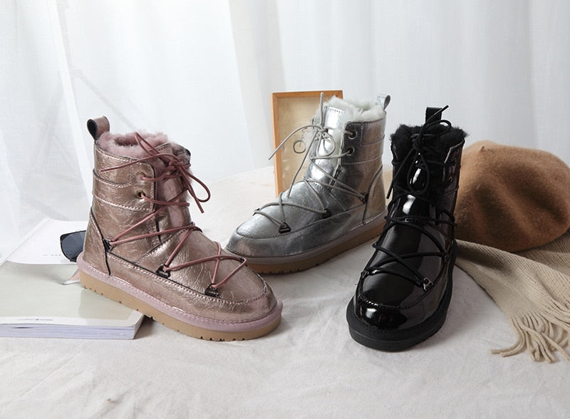 Patent Leather Natural Wool Fur Lined Snow Boots Waterproof