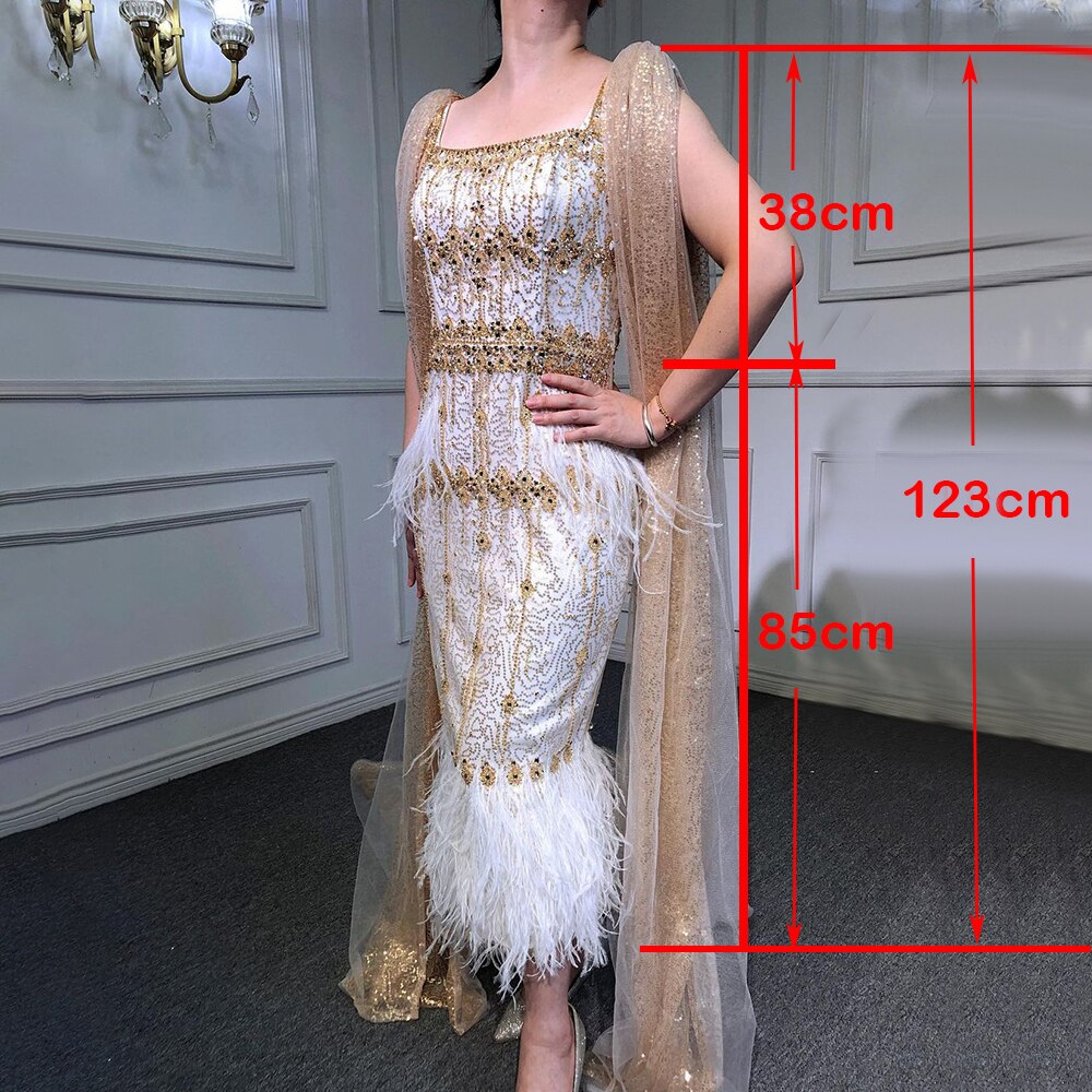 Crystal Feather Cape Sleeve Ankle Length Dresses