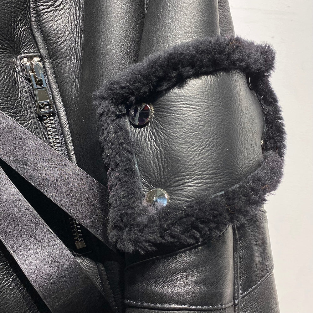 Genuine Leather Moto Jacket Real Shearling Fur High Collar