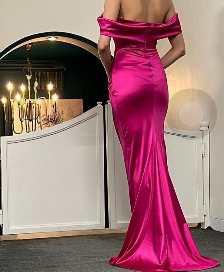 Satin Off The Shoulder Pleated Mid Split Dresses