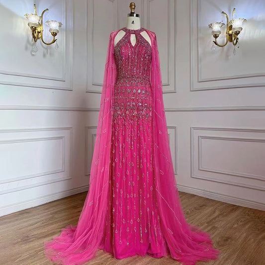 Luxury Rhinestone Cape Maxi Sleeves Dresses