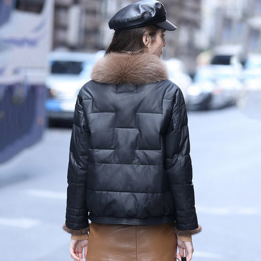 Genuine Leather Down Jacket Fox Fur Collar Short