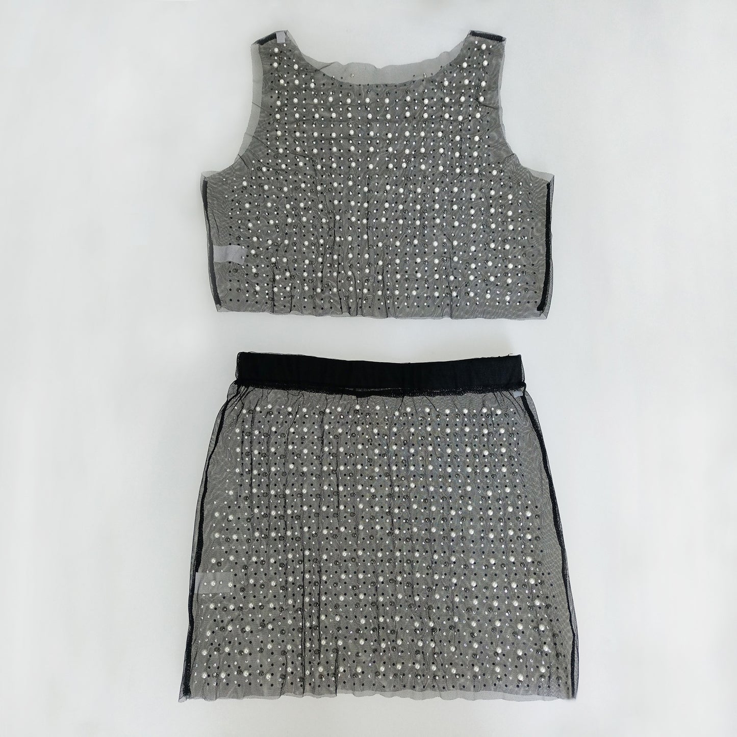 Mesh Diamond Beads Crop Top & Skirt Sets