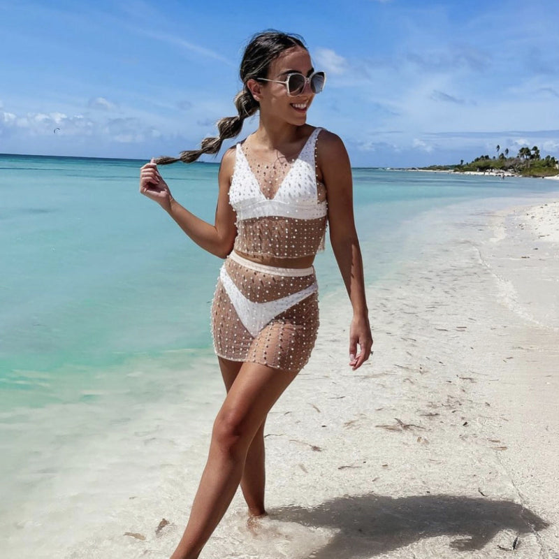Mesh Diamond Beads Crop Top & Skirt Sets