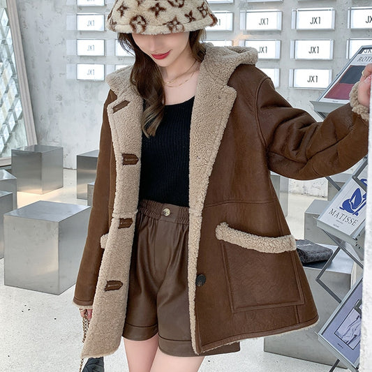 Genuine Leather Coats Hooded Merino Shearing Fur Lining