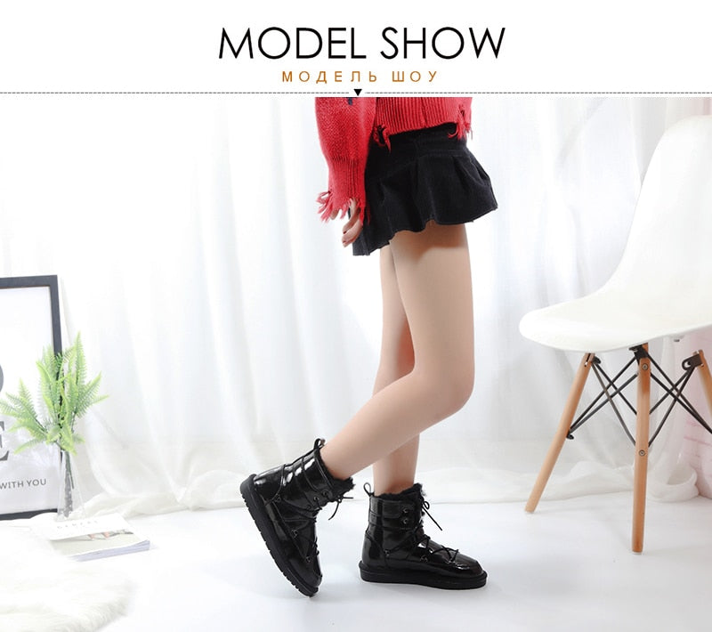 Patent Leather Natural Wool Fur Lined Snow Boots Waterproof