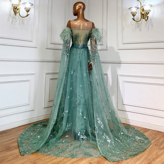 Feather Capes Sleeve Sequin Beaded Floor-Length Dress