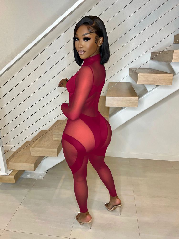 Sleeved Mesh Patchwork Jumpsuits