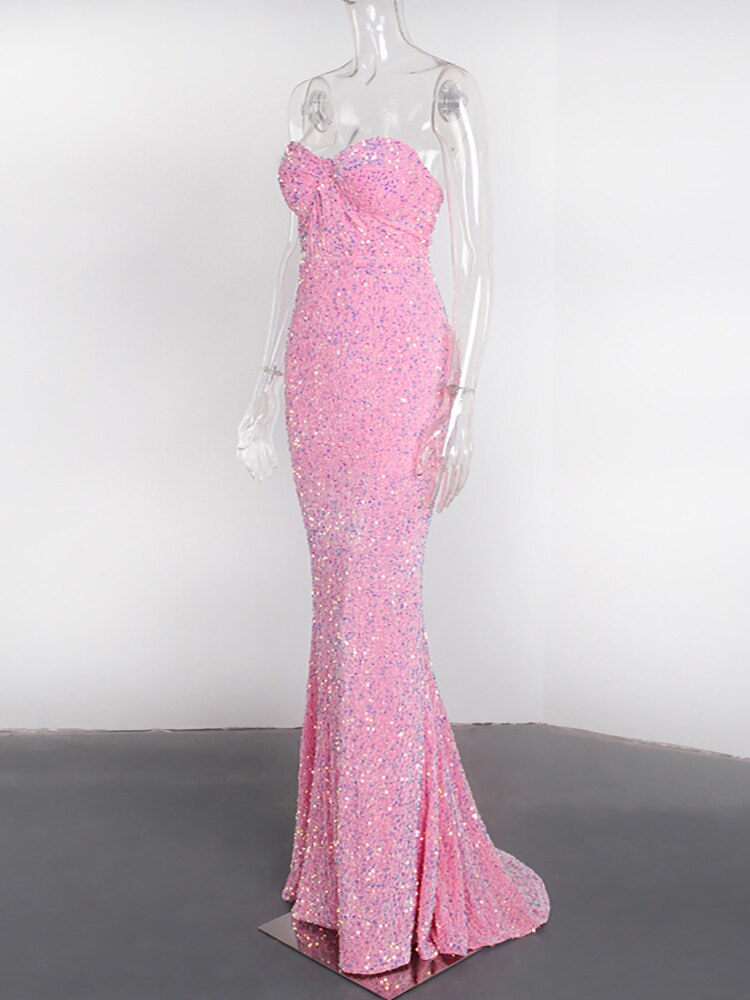 Pink Sequin Strapless Sleeveless Backless Maxi Dress