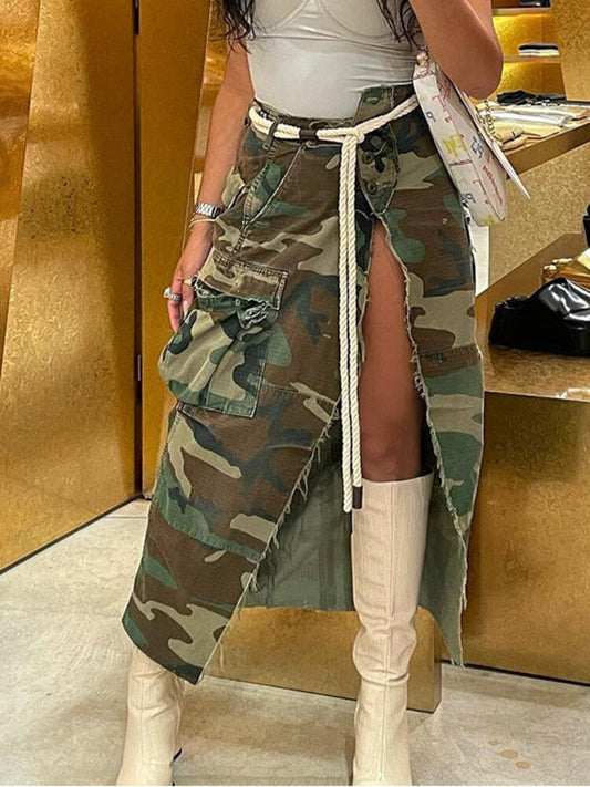 Camouflage High Split Mid-calf Skirts