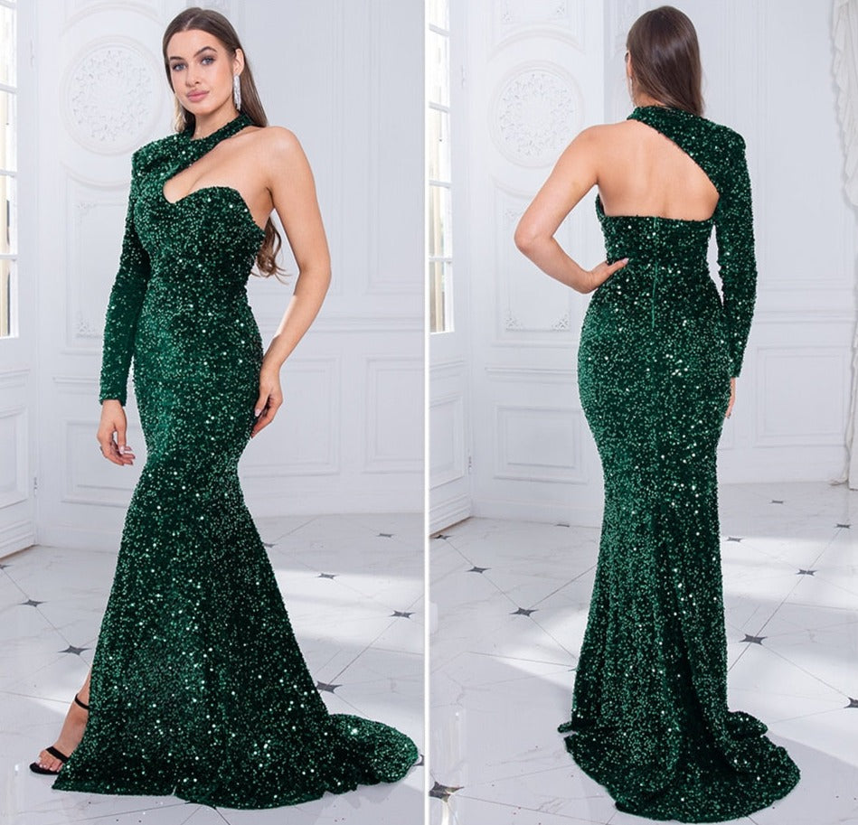 Sequin One Long Sleeve Maxi Evening Gowns