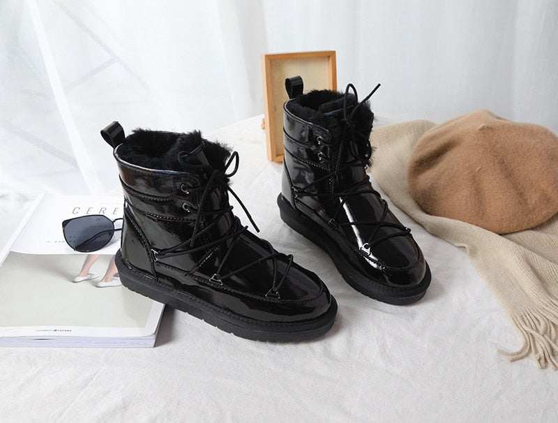 Patent Leather Natural Wool Fur Lined Snow Boots Waterproof