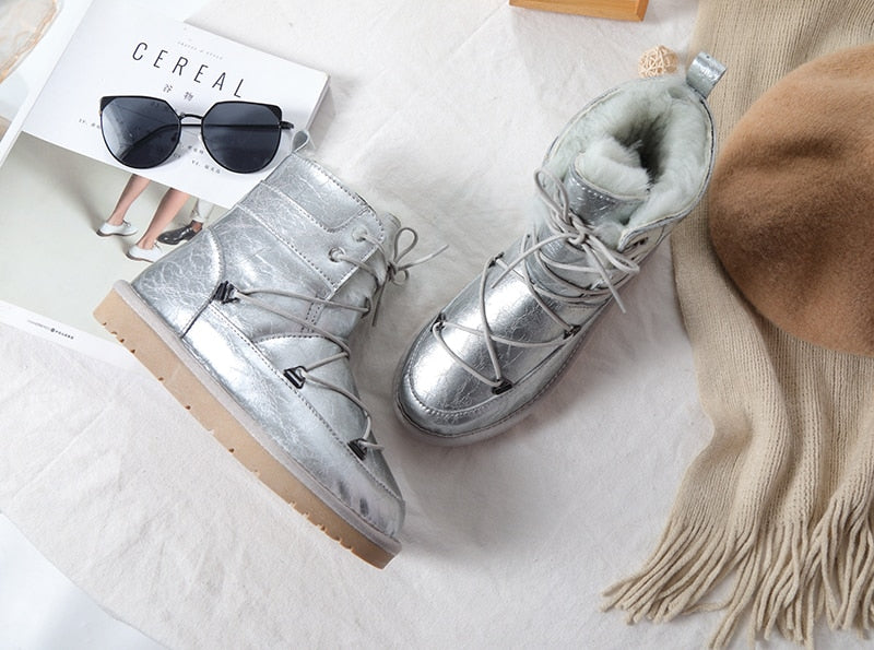 Patent Leather Natural Wool Fur Lined Snow Boots Waterproof