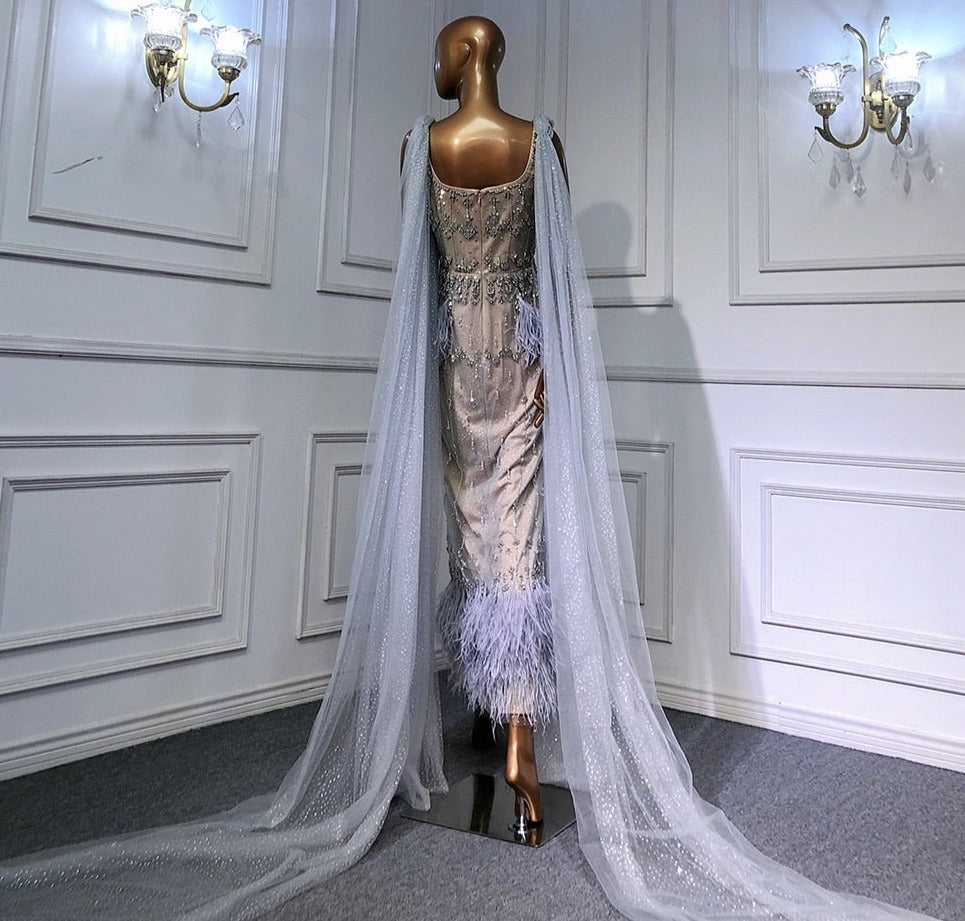 Crystal Feather Cape Sleeve Ankle Length Dresses