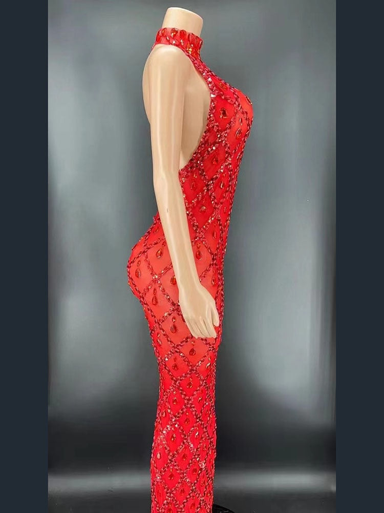 Red Rhinestones Full Wrap Halter Sleeveless Dress