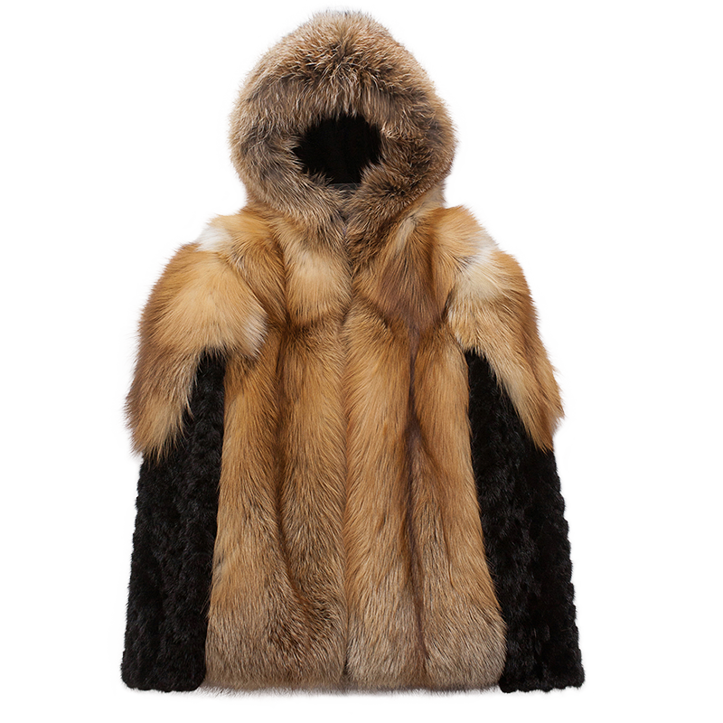 Real Fox Fur Hooded Coats Black Real Mink Fur Sleeves