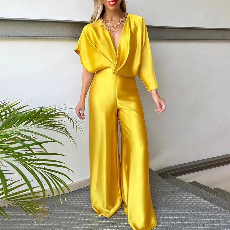Deep V Short Sleeve Wide Leg Jumpsuits