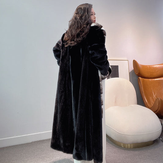 Black Mink Fur X-Long Coat Big Lapel Collar