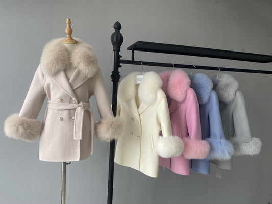 Mother & Daughter Cashmere Wool Pea Coats Fur Collar & Cuffs