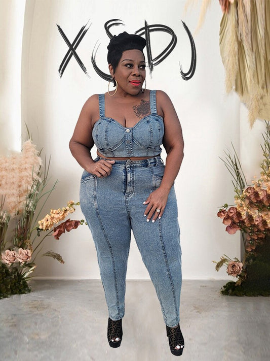 Denim Crop Top & Pants Sets Plus Size