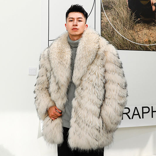 Genuine Real Fur Coat Big Turn-Down Collar Long