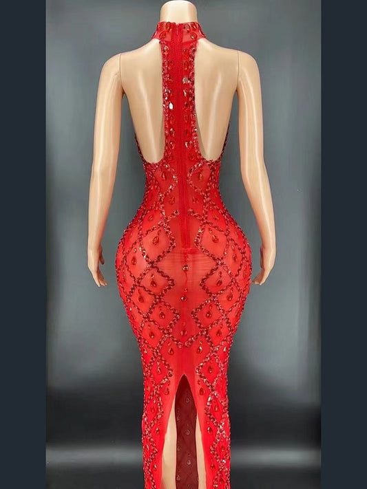 Red Rhinestones Full Wrap Halter Sleeveless Dress