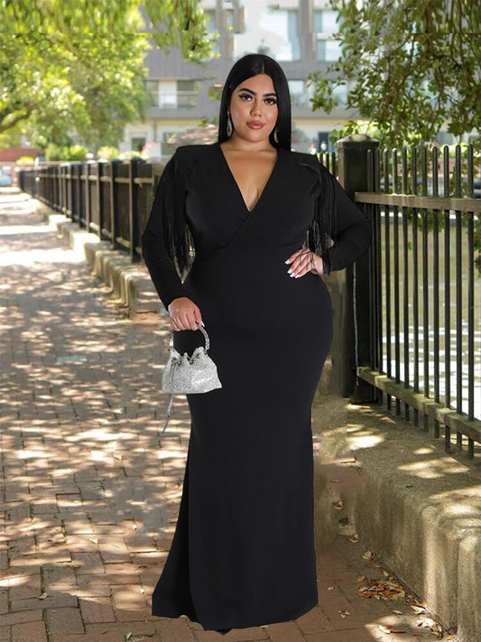 Tassel Shoulders Deep V Maxi Dresses Plus Size