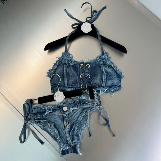 Sleeveless Denim Crop Top + Denim Shorts
