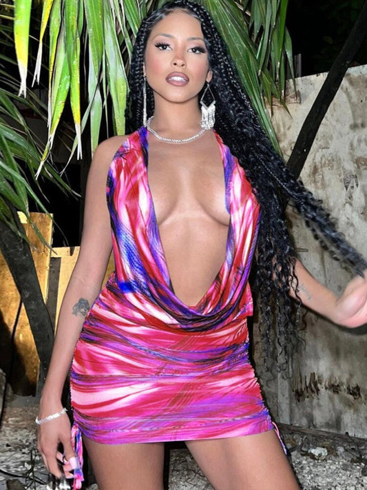 Halter Deep V Drawstring Backless Mini Dresses