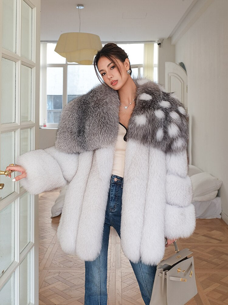 Luxury Women Full Pelt Real Silver Fox Fur Coats Jacket Fluffy