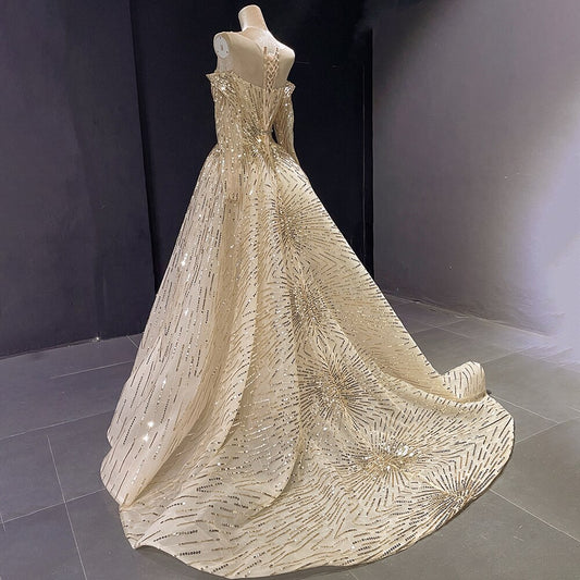 Gold Sparkle Long Sleeves Hip Skirt Evening Gowns