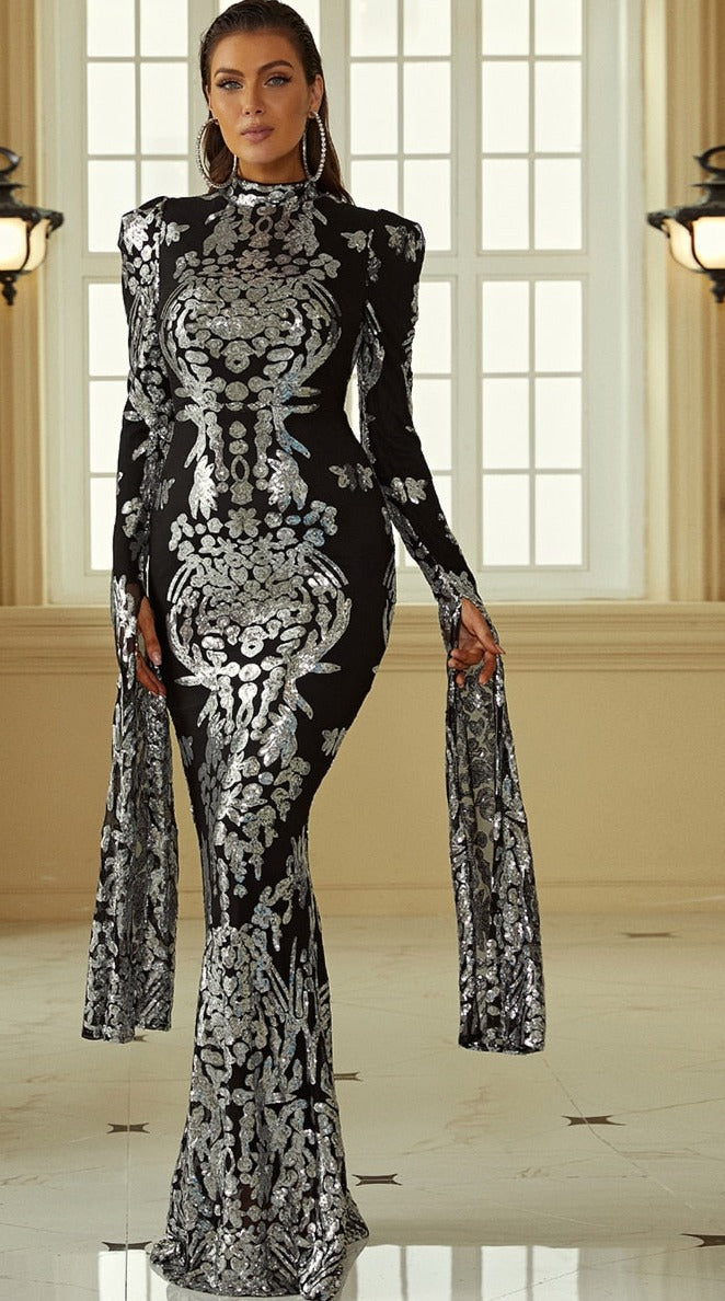 Extra-Long Sleeve Sequin Maxi Dress