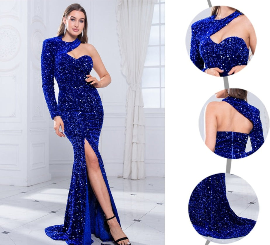 Sequin One Long Sleeve Maxi Evening Gowns