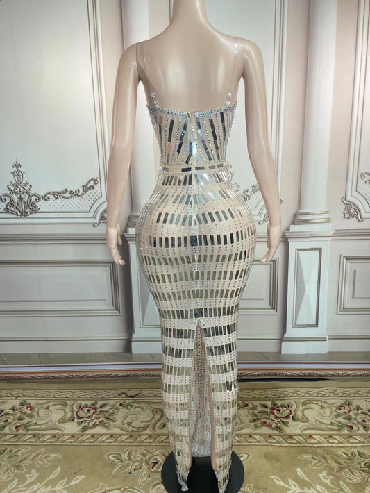 Silver Rectangle Mirror Backless Maxi Dress