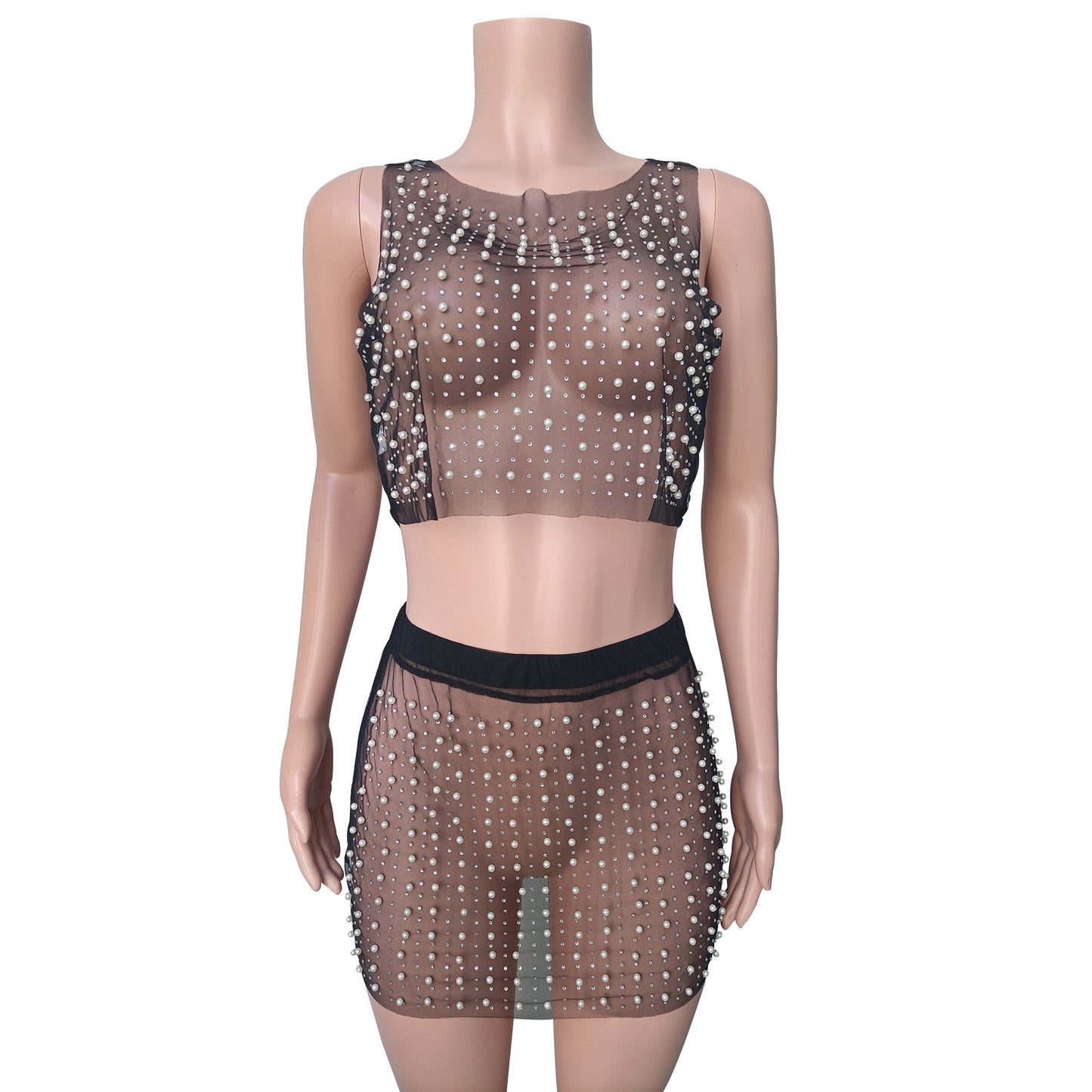 Mesh Diamond Beads Crop Top & Skirt Sets