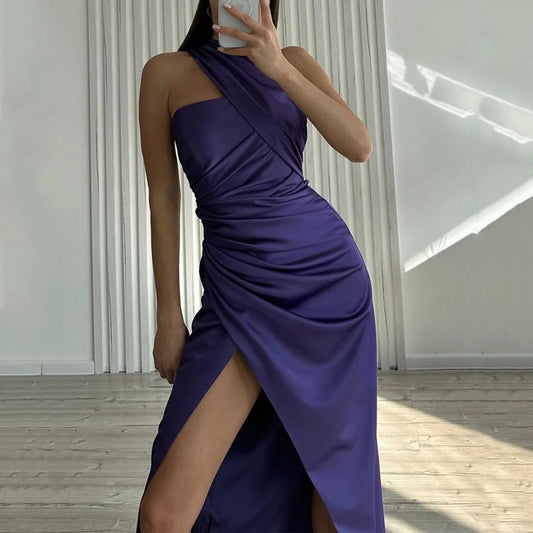 One Shoulder Sleeveless Pleated Slit Maxi Dress